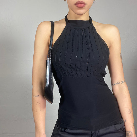 Vintage 90's Clubwear Black Open Back Top with Sequins Trim Detail (S)