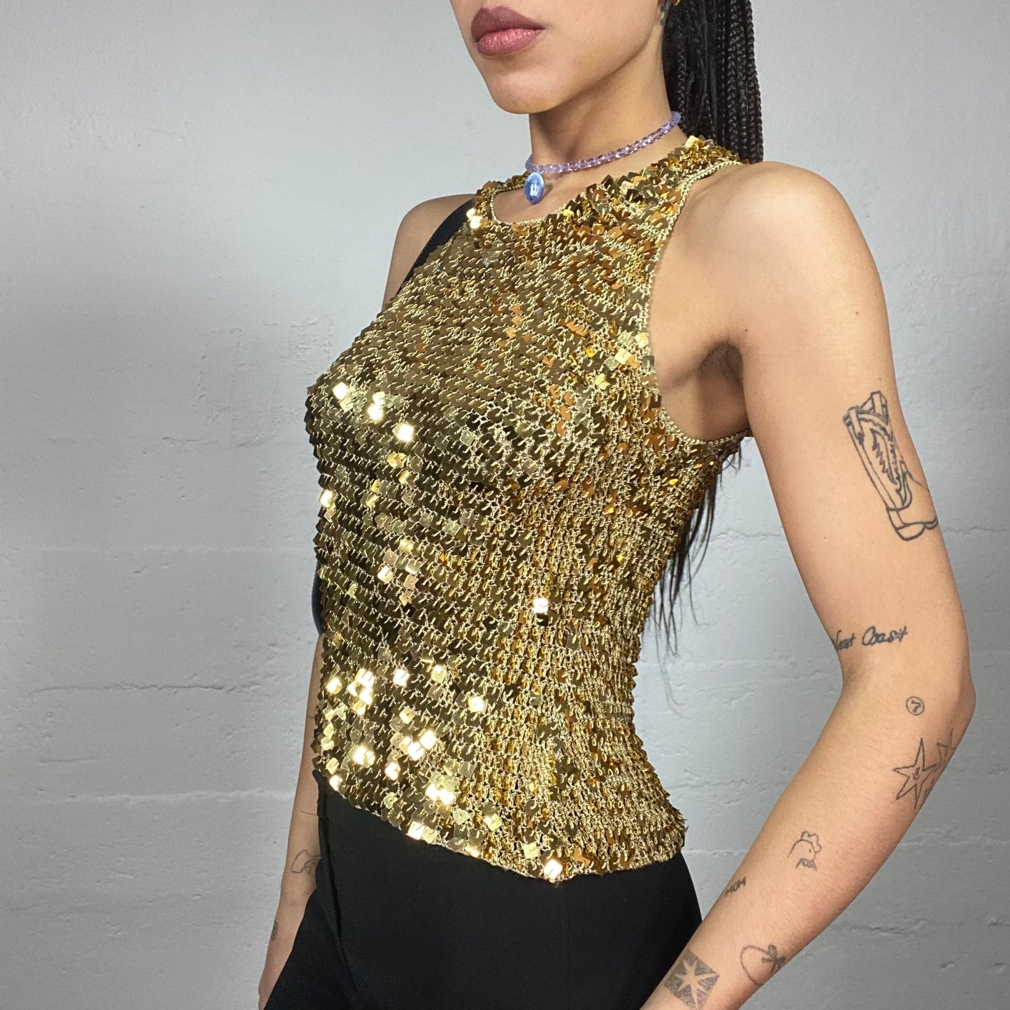 Vintage 90's Festive Golden Top with Sequins Material Detail (S)