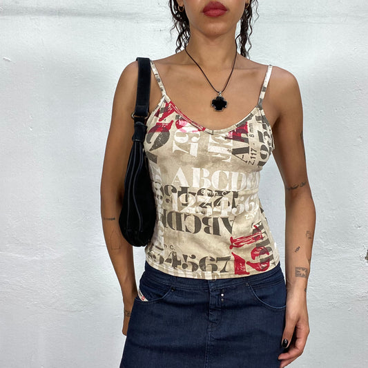 Vintage 2000's Downtown Girl Khaki and Red Top with Typography Print (S/M)