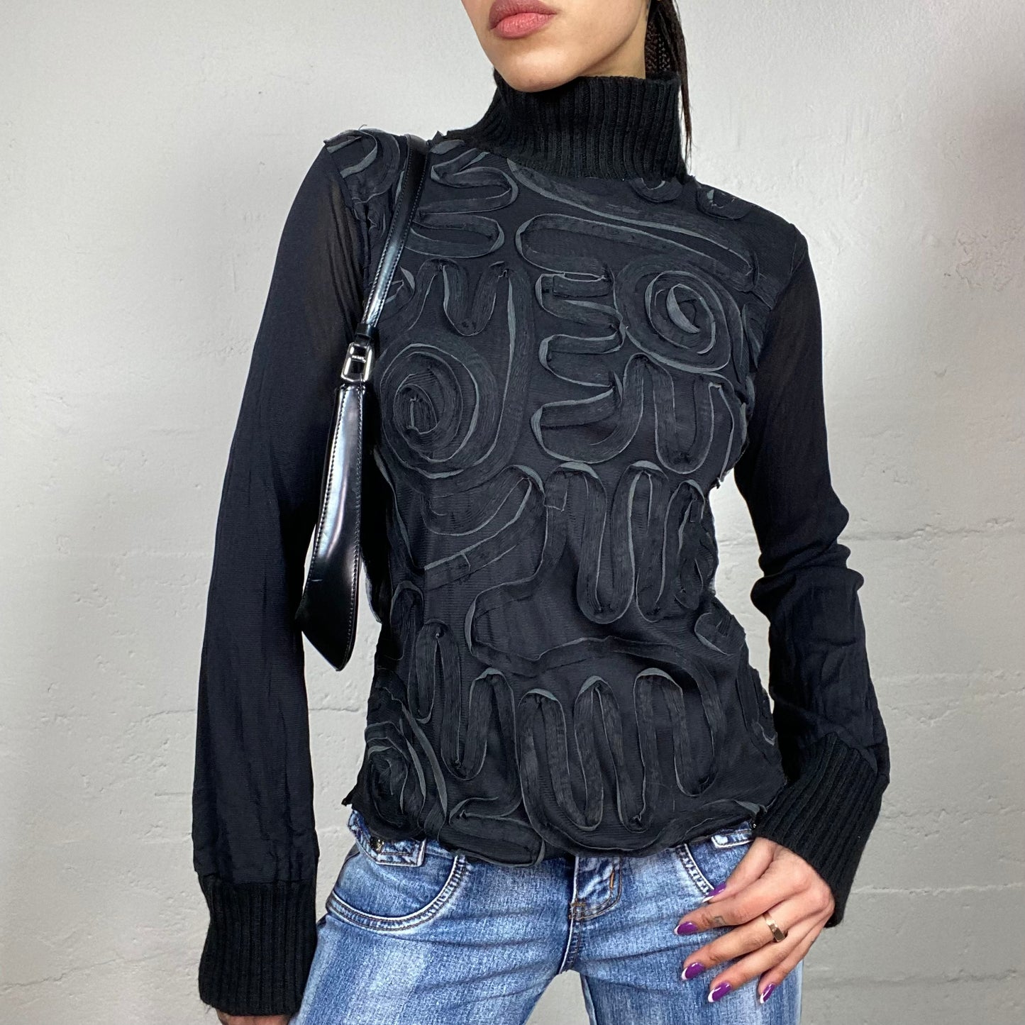 Vintage 90's English It Girl Black Turtleneck Jumper with Mesh Longsleeves and Floral Setoff Detail (M)