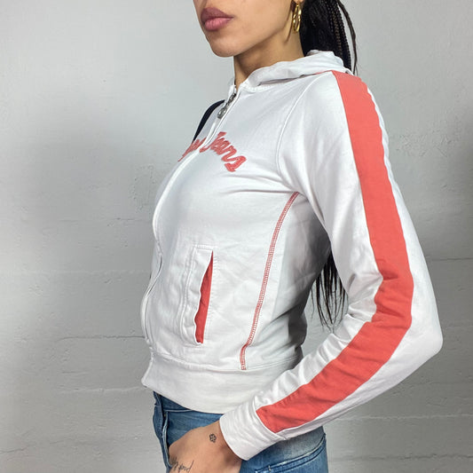 Vintage 2000's Pepe Jeans Sporty White Zip Up Sweater with Red Trim and Logo Detail (M)