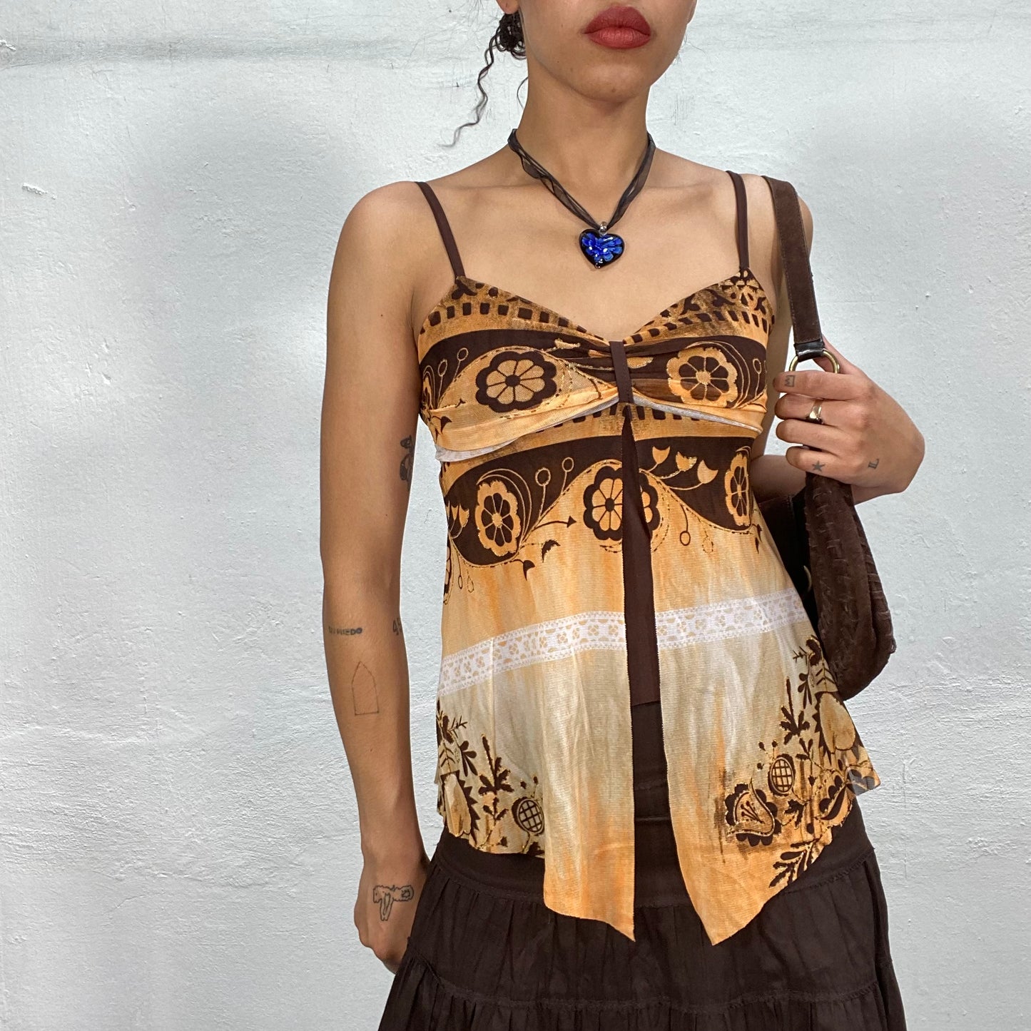 Vintage 2000's Boho Orange and Brown Blouse Top with Floral Pattern and Slit (S)