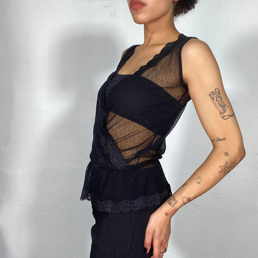 Vintage 2000's Gothic Black Deep V-Neck Lace Top (S)
