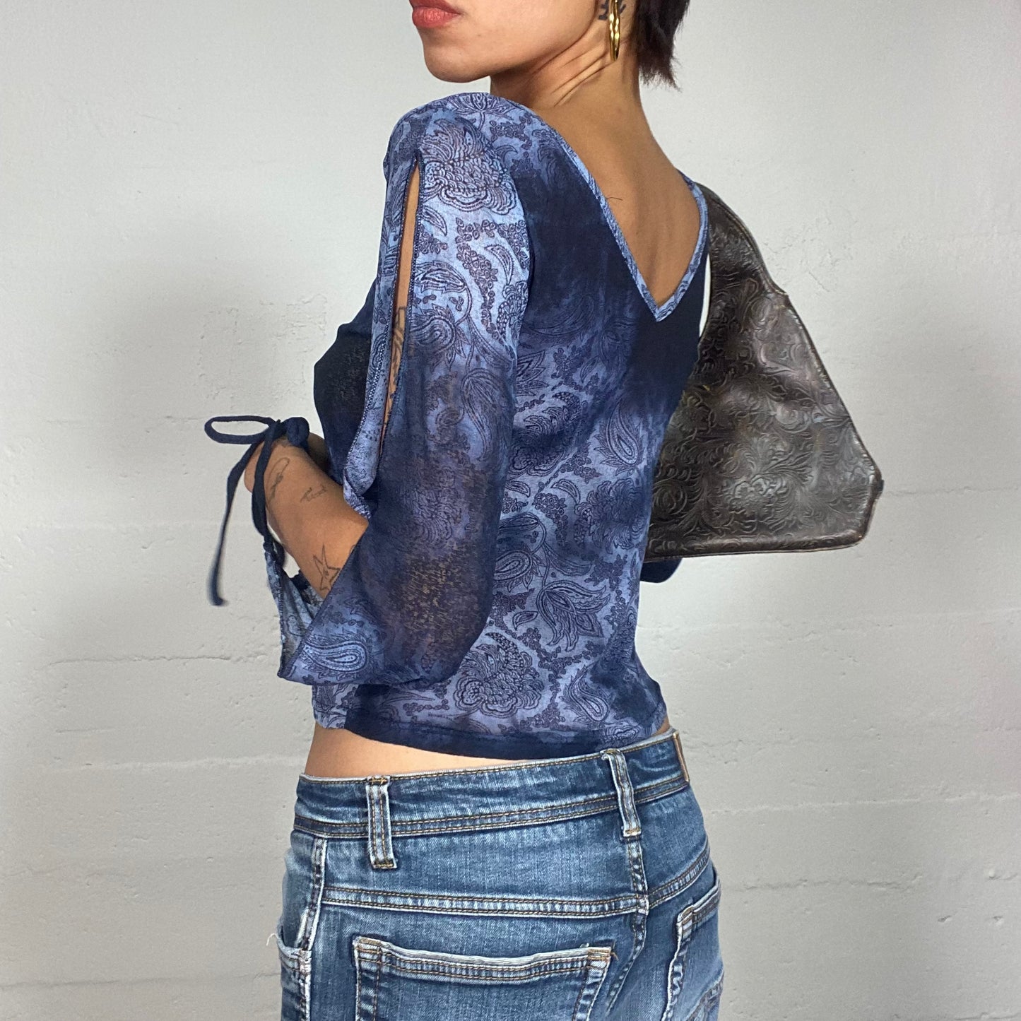 Vintage 90's Indie Deep Blue Longlseeve Top with Paisley Print and Open Sleeves (S)