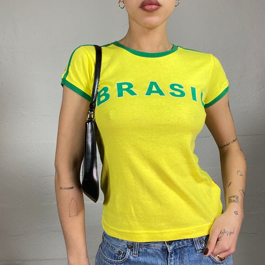 Vintage 2000's Sporty Yellow Football Top with Green "Brasil" Print (S)