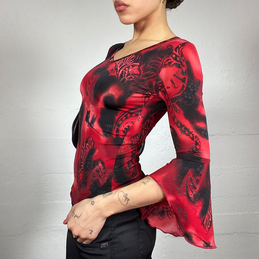 Vintage 2000's Vamp Goth Garnet Longsleeve Top with Tie Dye and Black Floral Print (XS)