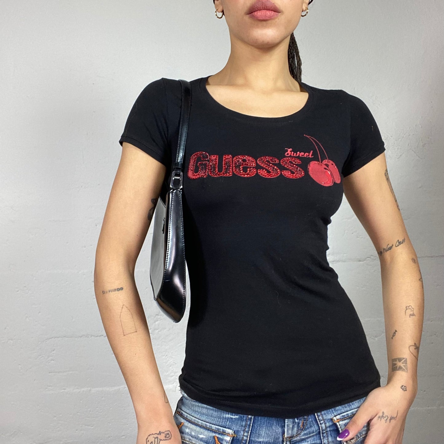 Vintage 2000's Guess Downtown Girl Black Top with "Sweet Guess" Red Cherry Print (S)