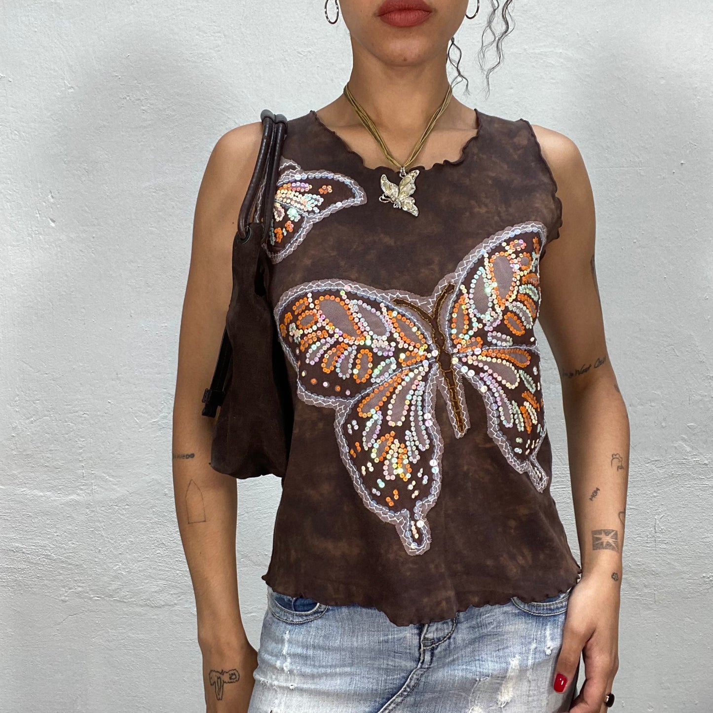 Vintage 90's Indie Brown Tank Top with Sequin Butterfly Print (M/L)