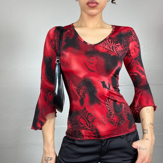 Vintage 2000's Vamp Goth Garnet Longsleeve Top with Tie Dye and Black Floral Print (XS)