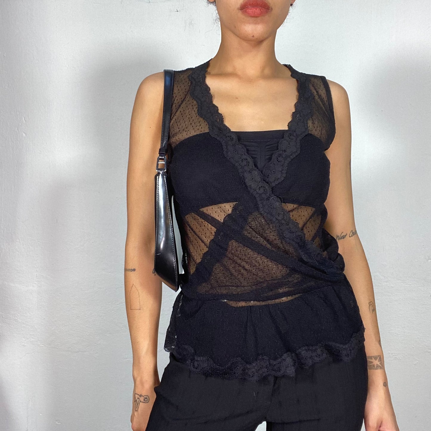 Vintage 2000's Gothic Black Deep V-Neck Lace Top (S)