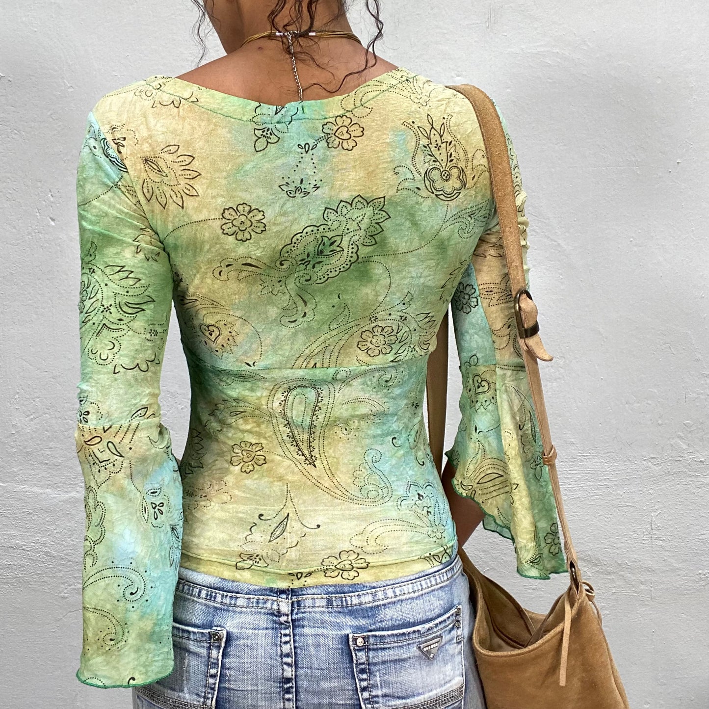 Vintage 90's Indie Green Midi Sleeve Paisley Print Top with Scrunched Neckline Detail (XS/S)