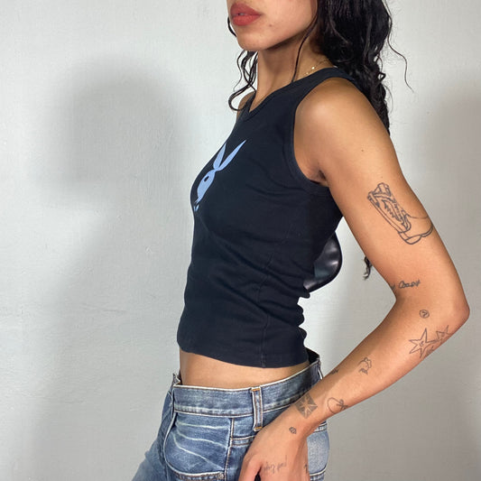Vintage 2000's Playboy Downtown Girl Black Tank Top with Blue Glitter Logo Detail (XS)
