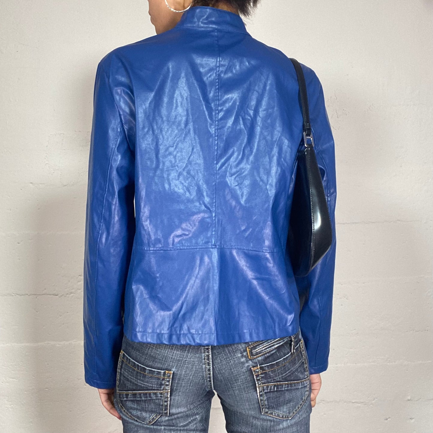 Vintage 2000's Archive Electric Blue Faux Leather Jacket with Vinyl Finish Detail (M)