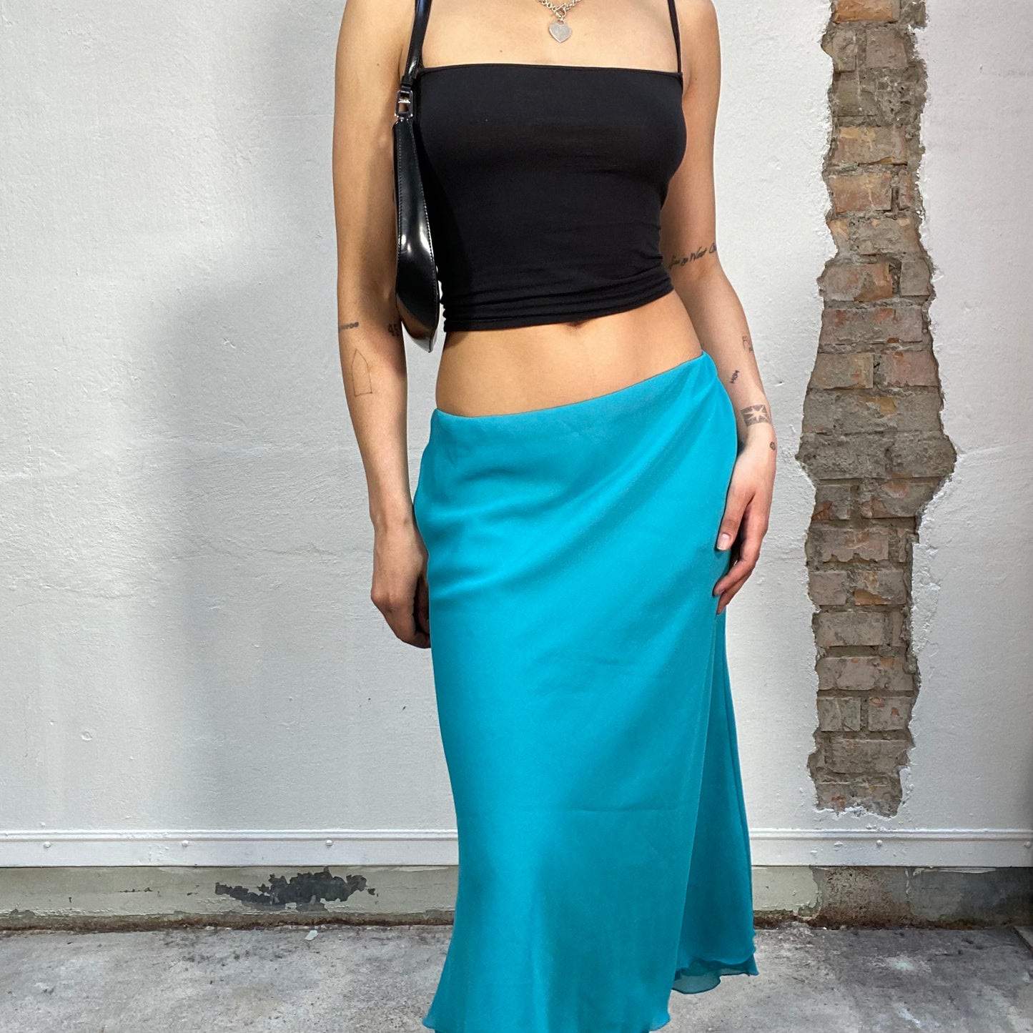 Vintage 2000's Funky Aqua Blue Maxi Skirt with Ruffle Trim (S)