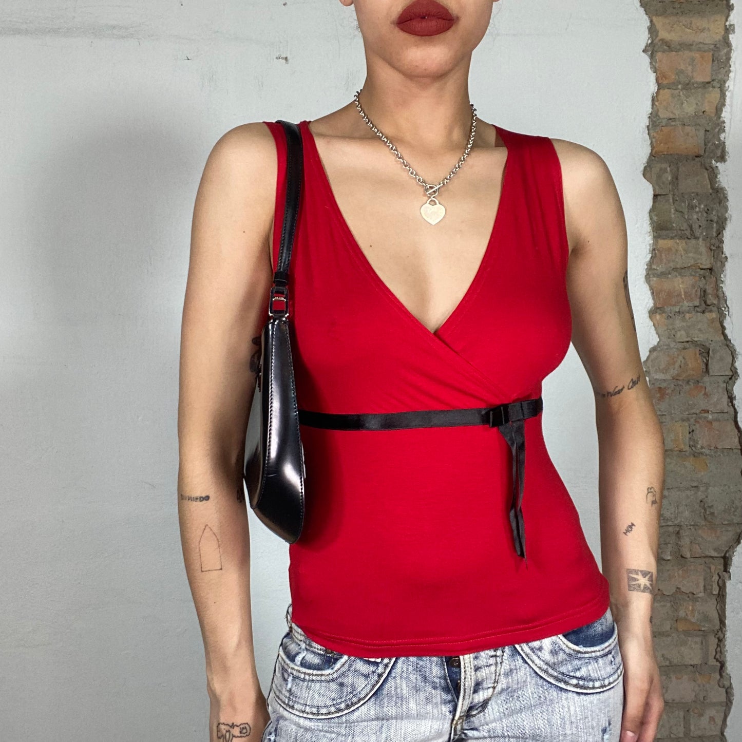 Vintage 90's Coquette Red V-Neck Top with Black Satin Ribbon Detail (S)