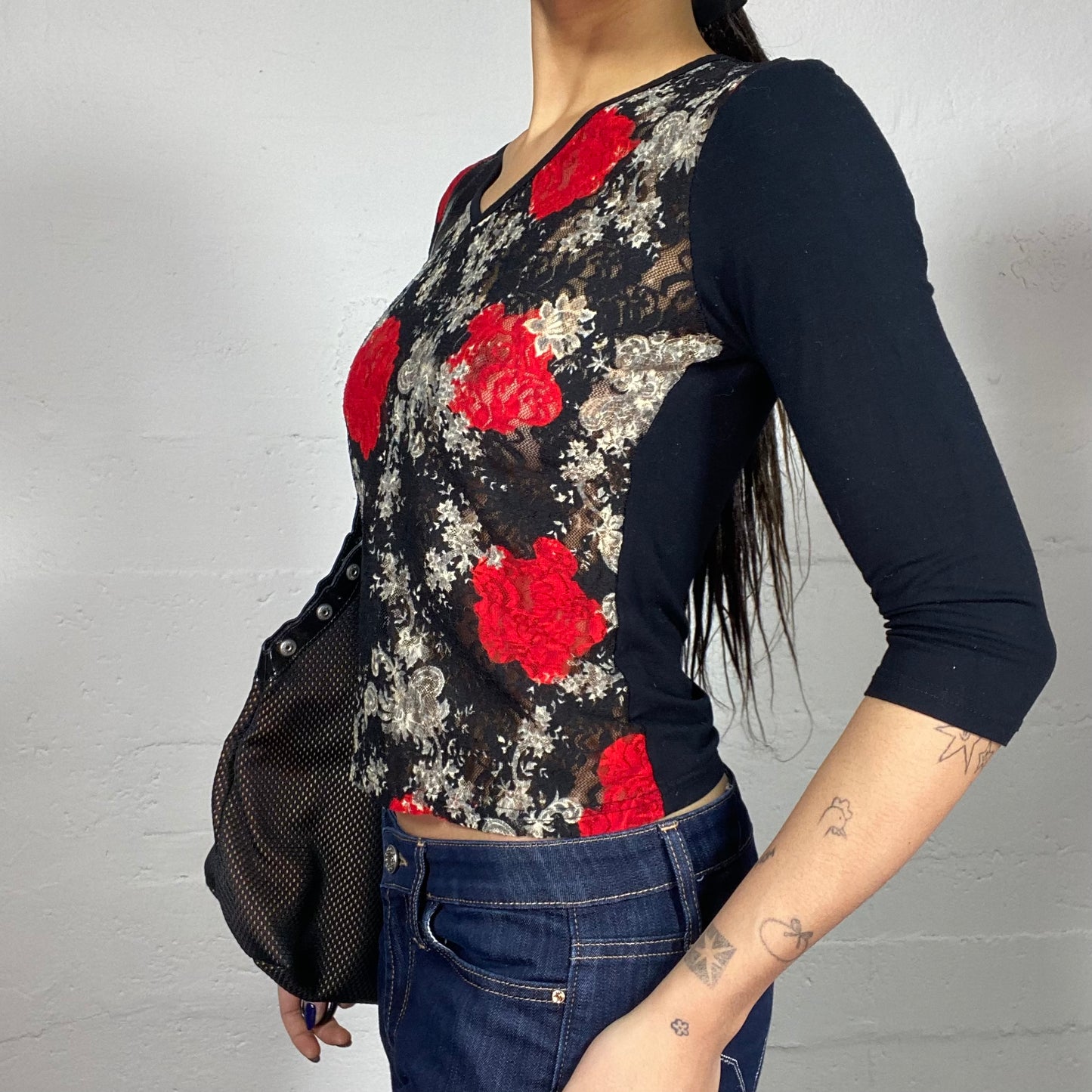 Vintage 90's Romantic Black Longsleeve Lace Top with Red Roses Print (S)