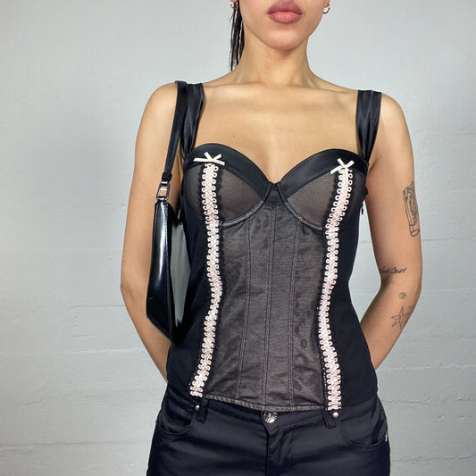 Vintage 2000's Goth Babydoll Black Satin Corset Top with Pink Laceing Detail (S)