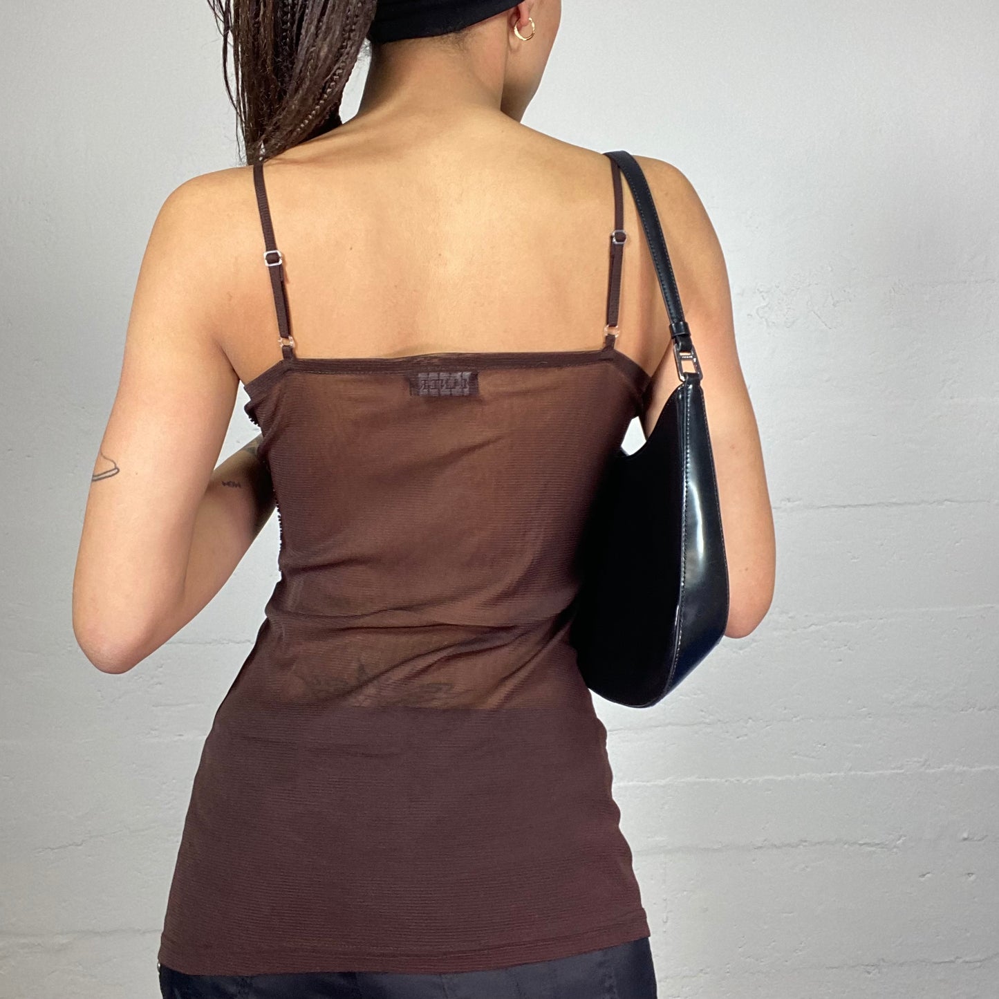 Vintage 2000's Indie Brown Long Top with Mesh Back and Sequins and Rhinestones Print (S)