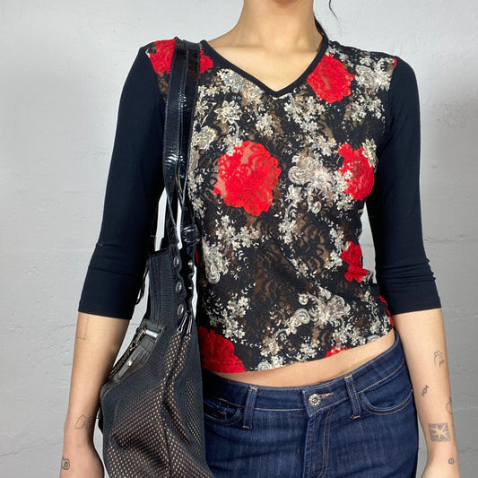 Vintage 90's Romantic Black Longsleeve Lace Top with Red Roses Print (S)