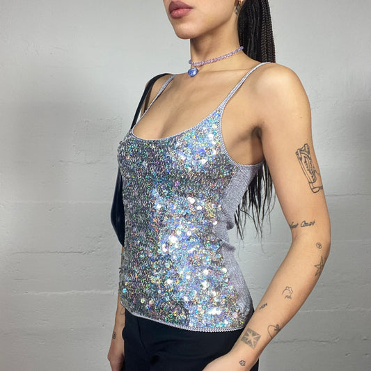 Vintage 90's Festive Silver Top with Sequins Material Detail (S)