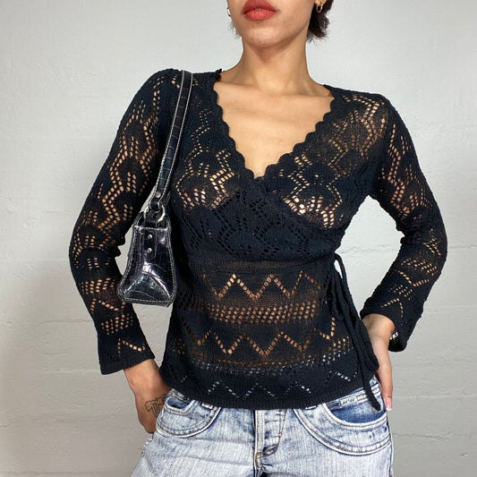 Vintage 90's Whimsigoth Black Crochet V-Neck Light Jacket with Side Lace Up Detail (S/M)