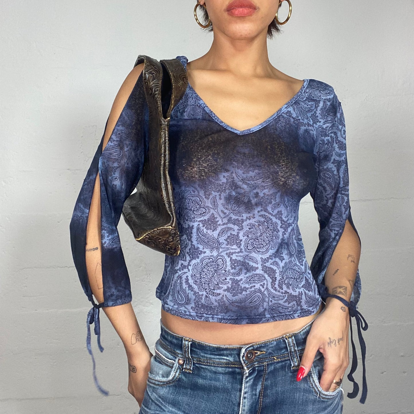 Vintage 90's Indie Deep Blue Longlseeve Top with Paisley Print and Open Sleeves (S)