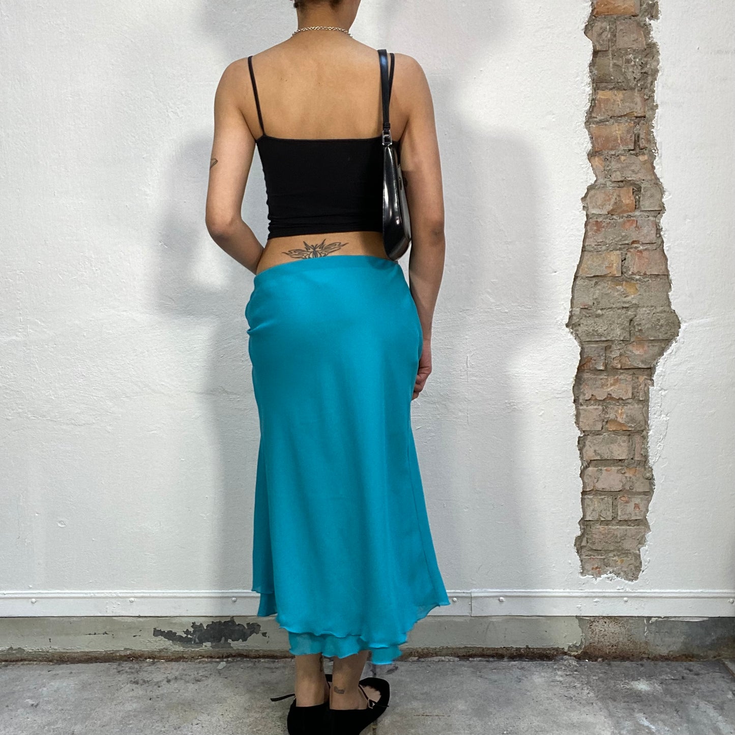 Vintage 2000's Funky Aqua Blue Maxi Skirt with Ruffle Trim (S)