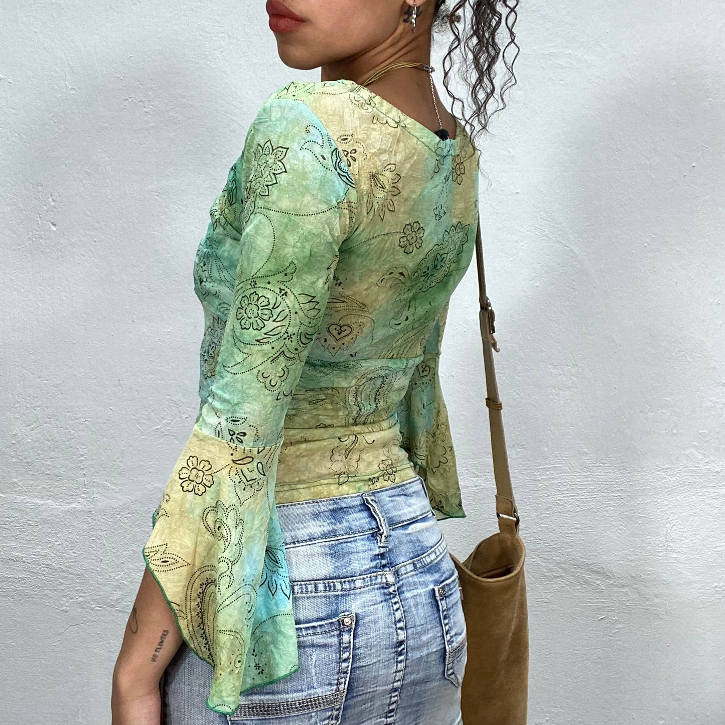 Vintage 90's Indie Green Midi Sleeve Paisley Print Top with Scrunched Neckline Detail (XS/S)