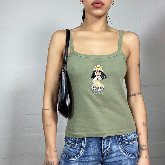 Vintage 2000's Downtown Girl Khaki Top with Cartoon Girl Embroidery Detail (S)