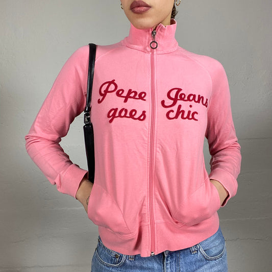 Vintage 2000's Pepe Jeans Downtown Girl Pink Zip Up Jacket with "Pepe Jeans Goes Chic" Print (S)
