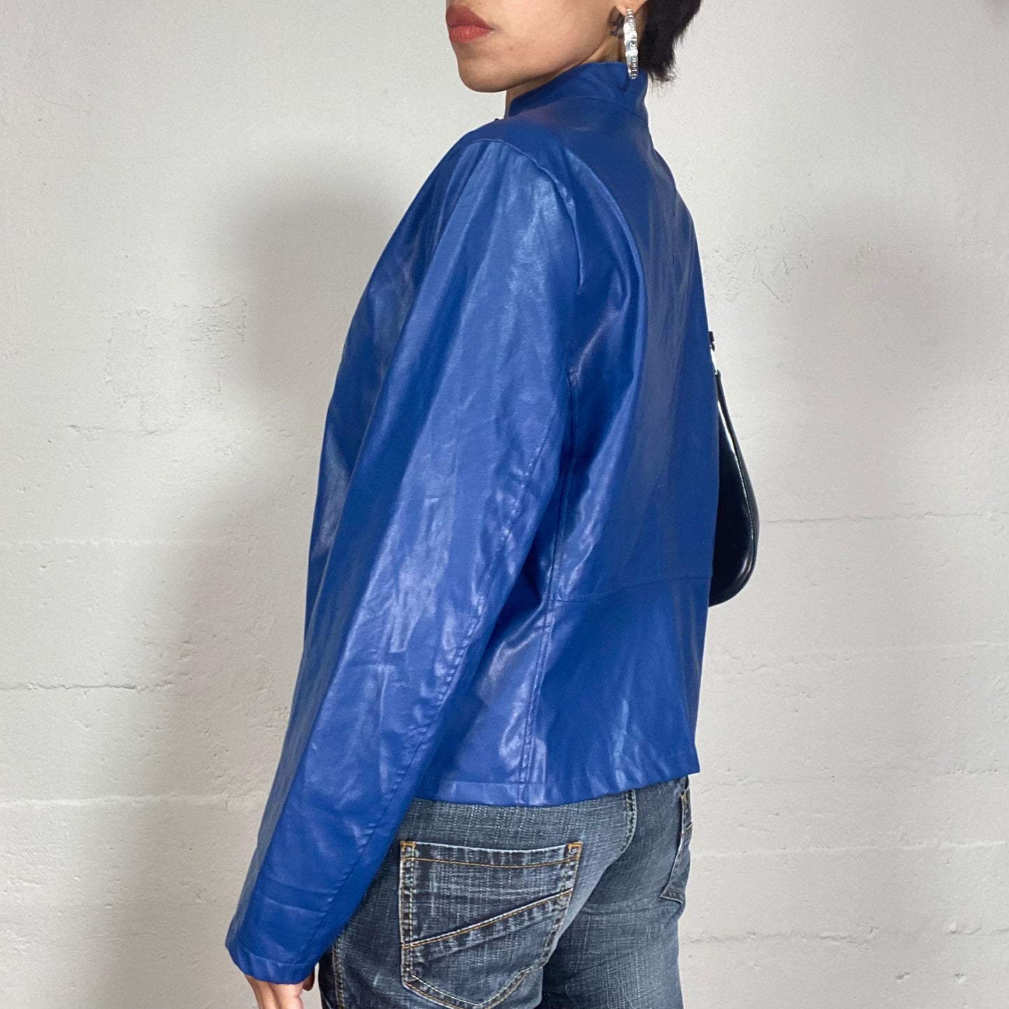 Vintage 2000's Archive Electric Blue Faux Leather Jacket with Vinyl Finish Detail (M)