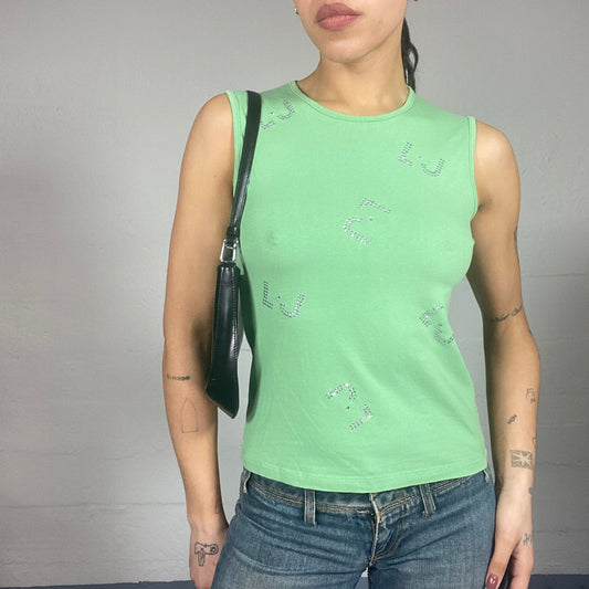 Vintage 90's Liu Jo Cute Girl Green Top with Strass 'LJ' Monogram Detail (S/M)