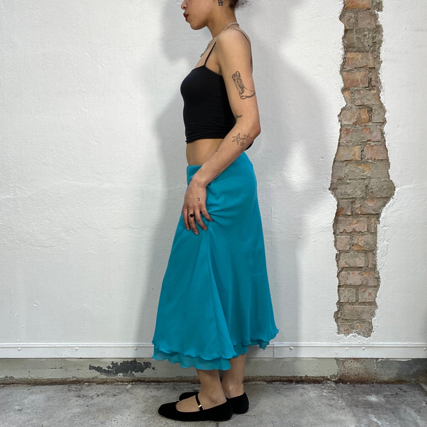 Vintage 2000's Funky Aqua Blue Maxi Skirt with Ruffle Trim (S)