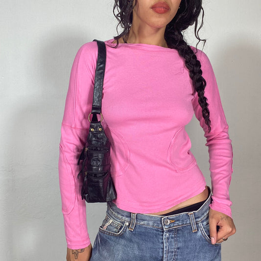Vintage 2000's Barbie Girl Pink Longsleeve Top with Circular Padded Pocket Detail (S)
