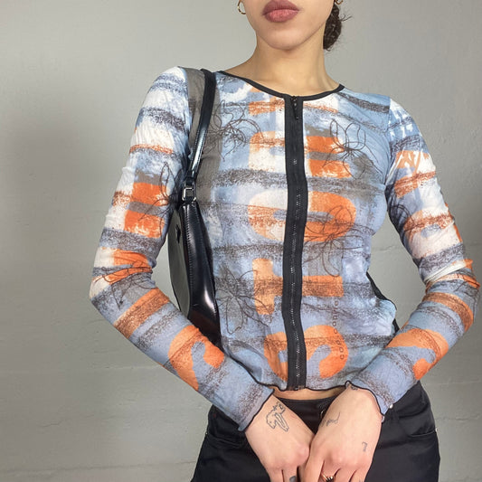 Vintage 90's Batik White Longsleeve Top with Orange and Blue Sprayed Print (S)