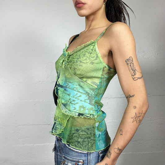 Vintage 2000's Festival Green Layered Top with Blue Print (S)