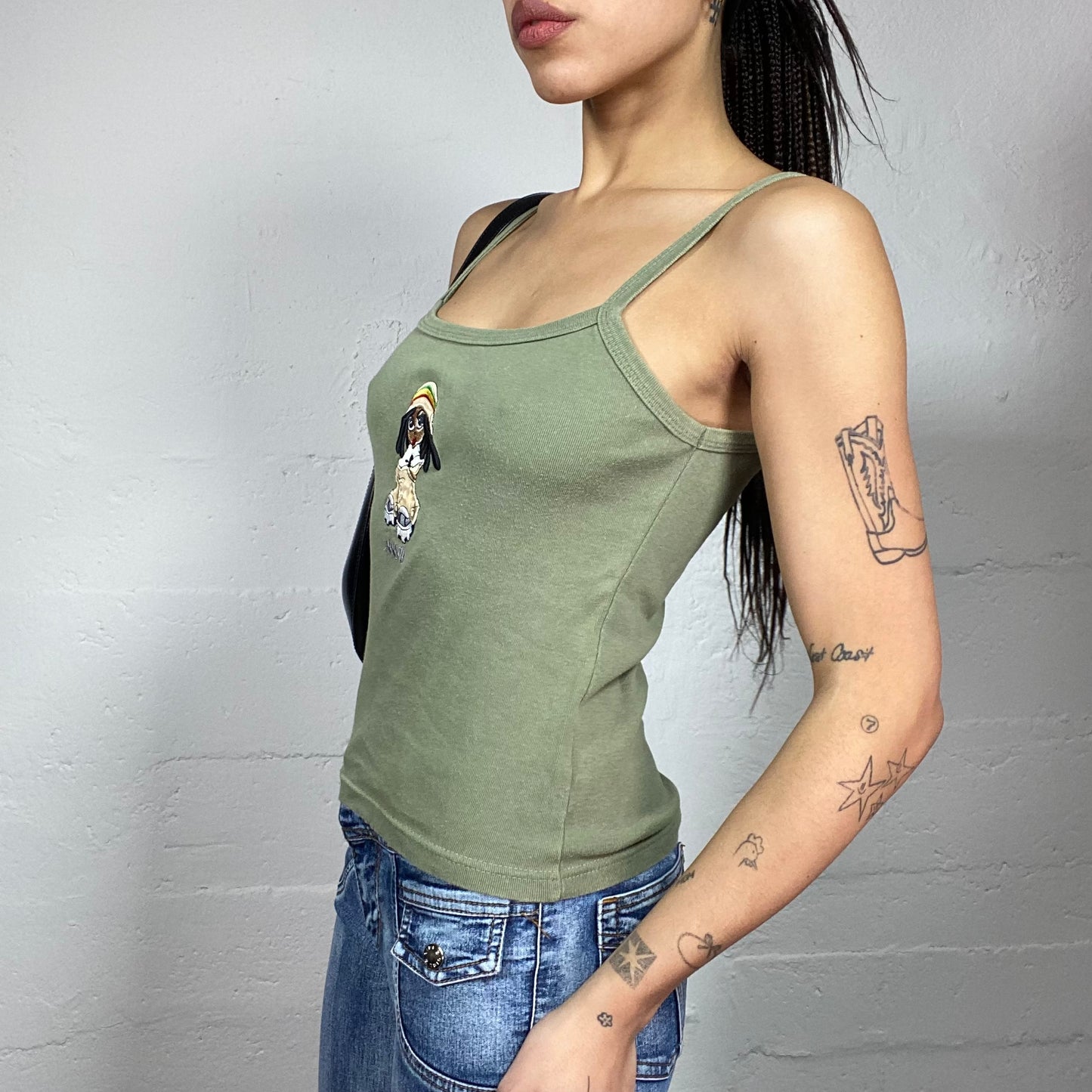 Vintage 2000's Downtown Girl Khaki Top with Cartoon Girl Embroidery Detail (S)