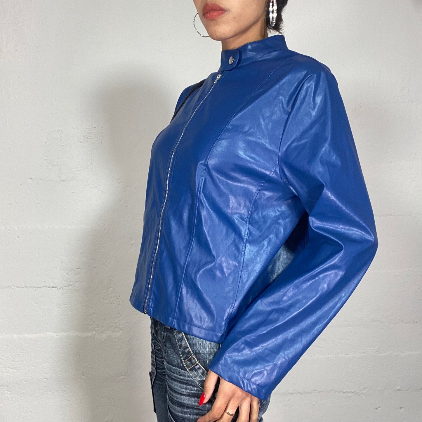 Vintage 2000's Archive Electric Blue Faux Leather Jacket with Vinyl Finish Detail (M)