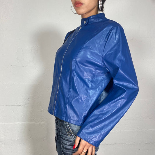 Vintage 2000's Archive Electric Blue Faux Leather Jacket with Vinyl Finish Detail (M)