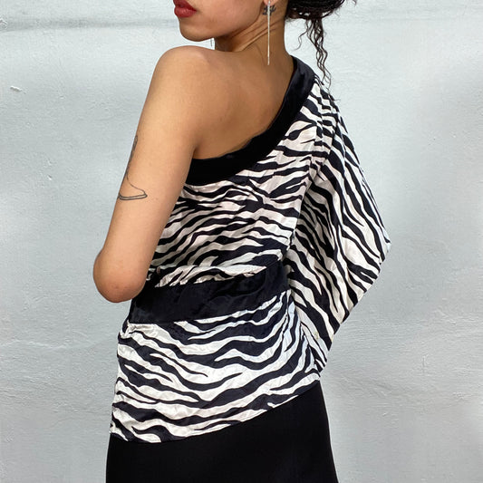 Vintage 2000's Clubwear Black and White One Shoulder Blouse Top with Zebra Print and Belt Detail (M)