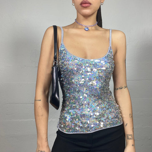 Vintage 90's Festive Silver Top with Sequins Material Detail (S)