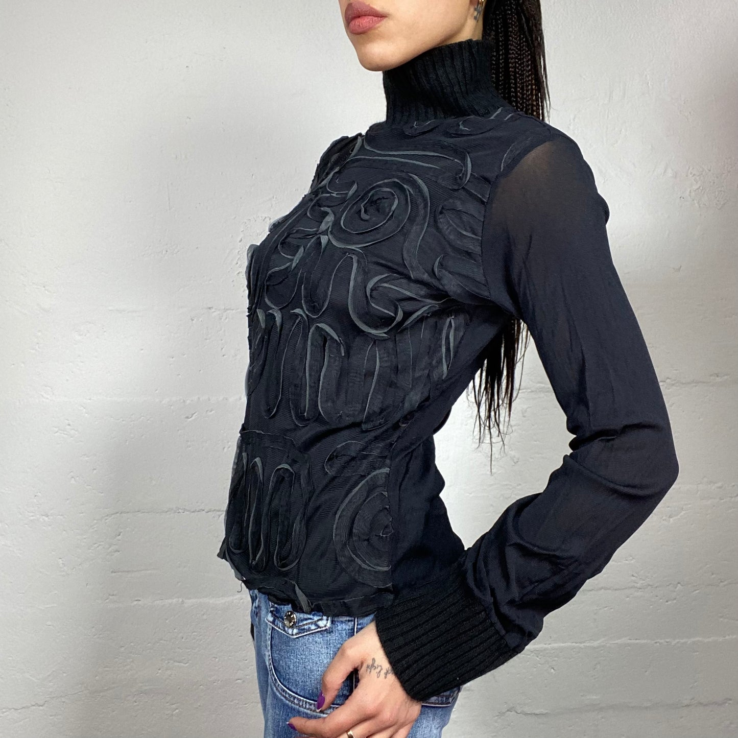 Vintage 90's English It Girl Black Turtleneck Jumper with Mesh Longsleeves and Floral Setoff Detail (M)