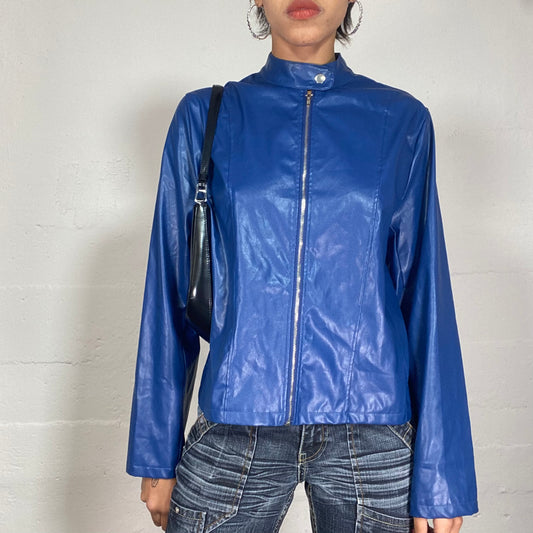 Vintage 2000's Archive Electric Blue Faux Leather Jacket with Vinyl Finish Detail (M)