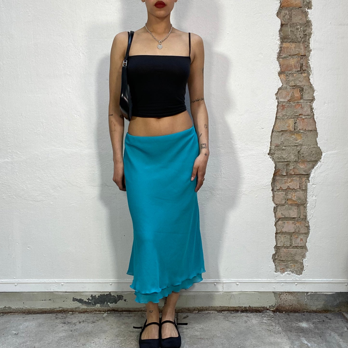 Vintage 2000's Funky Aqua Blue Maxi Skirt with Ruffle Trim (S)