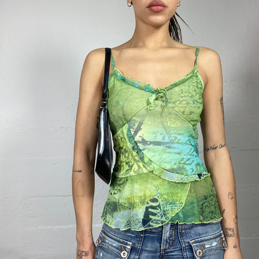 Vintage 2000's Festival Green Layered Top with Blue Print (S)