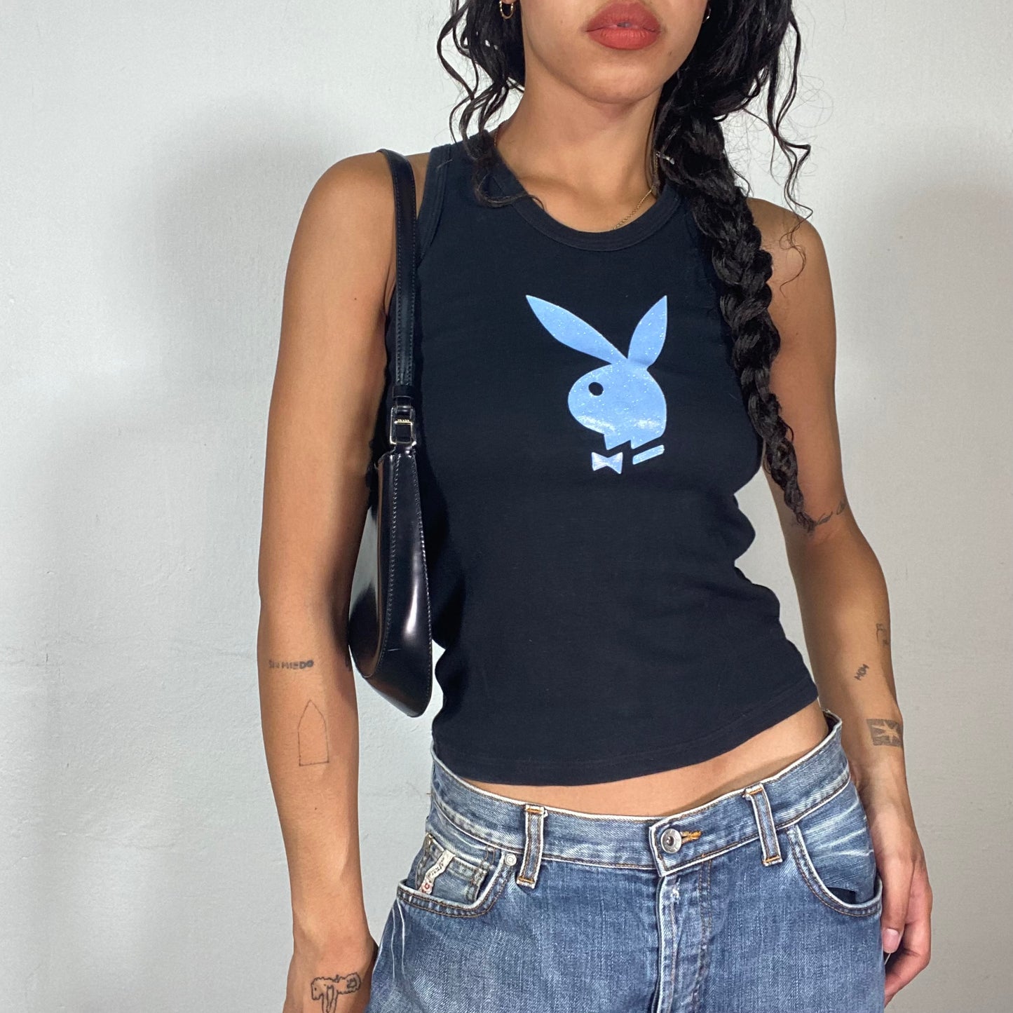 Vintage 2000's Playboy Downtown Girl Black Tank Top with Blue Glitter Logo Detail (XS)