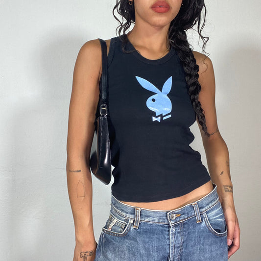 Vintage 2000's Playboy Downtown Girl Black Tank Top with Blue Glitter Logo Detail (XS)