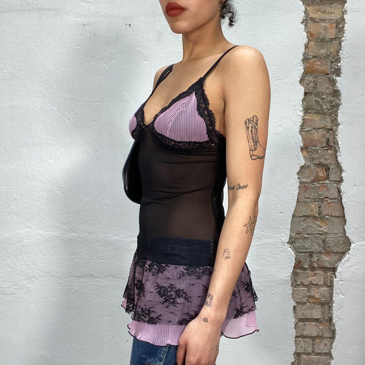 Vintage 2000's Lingerie Black and Pink Mesh and Lace Cami Top (S)