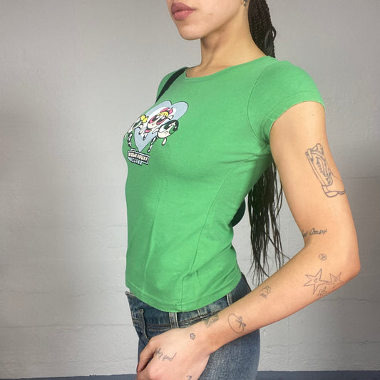 Vintage 90's Cute Girl Green Top with 'The Powepuff Girls' Print (S/M)