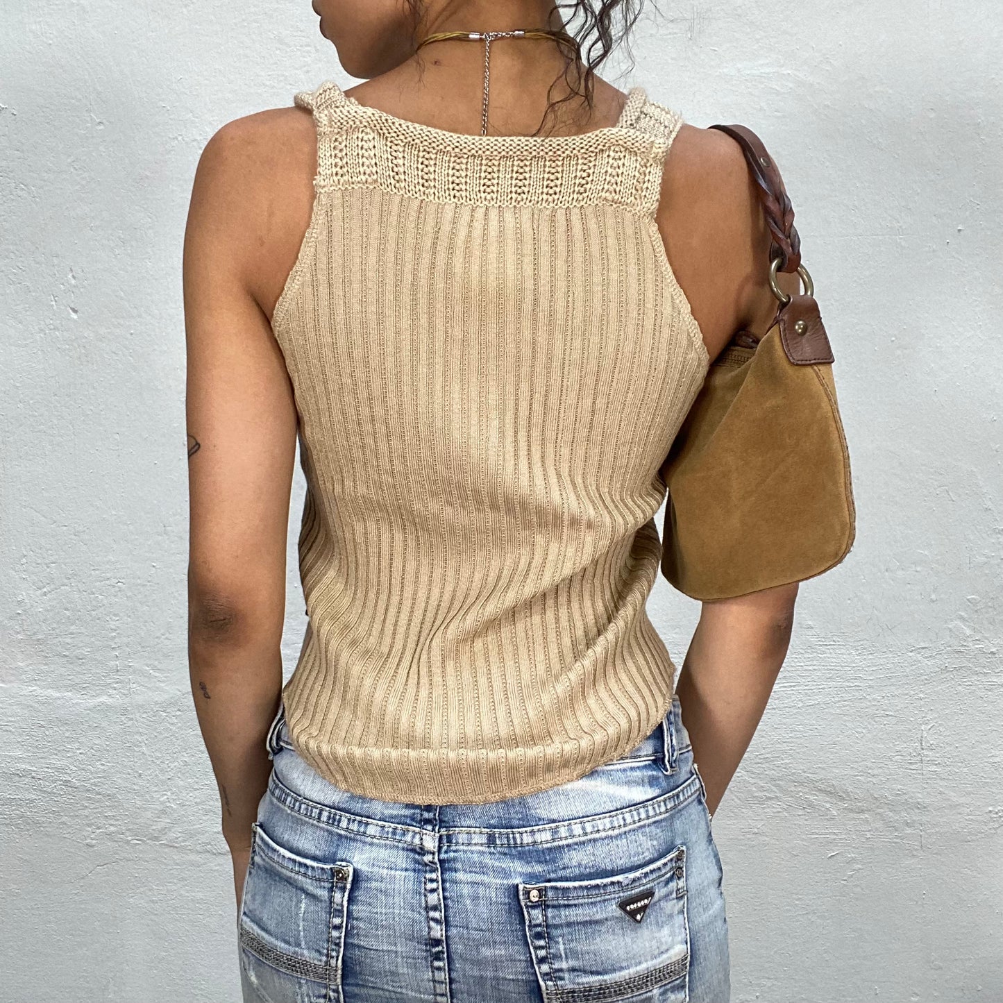 Vintage 90's Western Beige Knit Top with Faux Leather Detail (S)